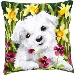 Vervaco borduurpakket kruissteekkussen Westie in narcissen pn-0147569 borduren Voordeelprijs