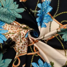 Viscose satijn digitaaldruk bloemen blauw/teal Korting