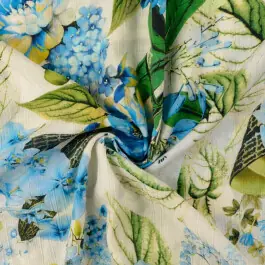 Viscose poplin crushed digitaaldruk bloemen blauw Populair