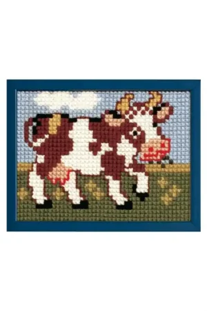 027.041 Voorbedrukt kinder kruissteek borduurpakket Koetje 18 x 24 cm Beperkte Voorraad