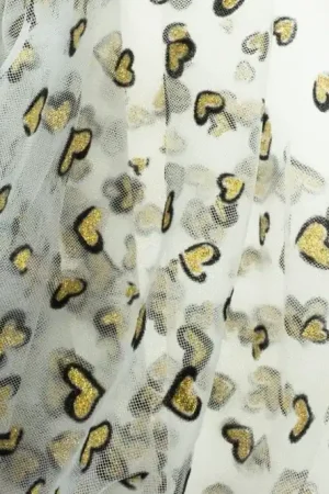 Tule stof, flockprint met glitter hart, wit/zwart/goud. W0717 Lage Kosten