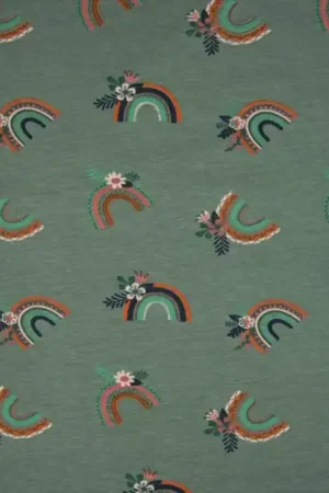 Veilige Betaling Tricot katoen stof, regenboogprint, dusty mint/roze/mint/oranje. W0402