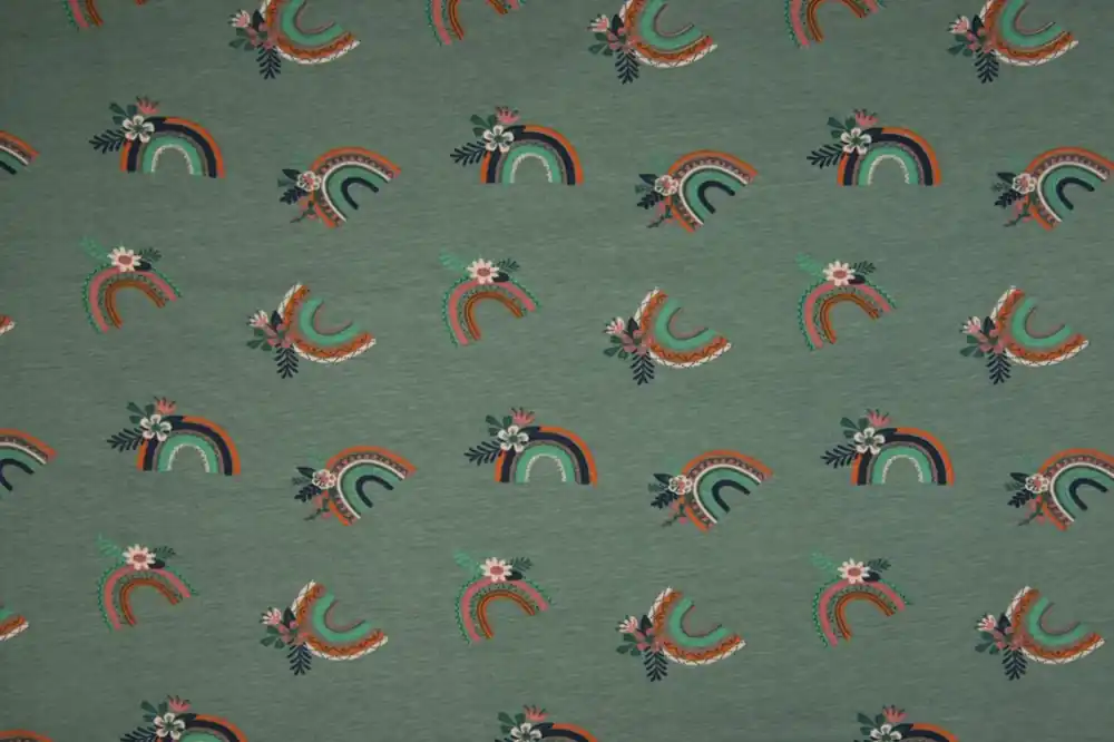Veilige Betaling Tricot katoen stof, regenboogprint, dusty mint/roze/mint/oranje. W0402