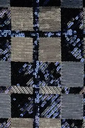 Beperkt Aanbod Pailletten stof op mesh, blokjesprint, donkerblauw/blauw. W0093