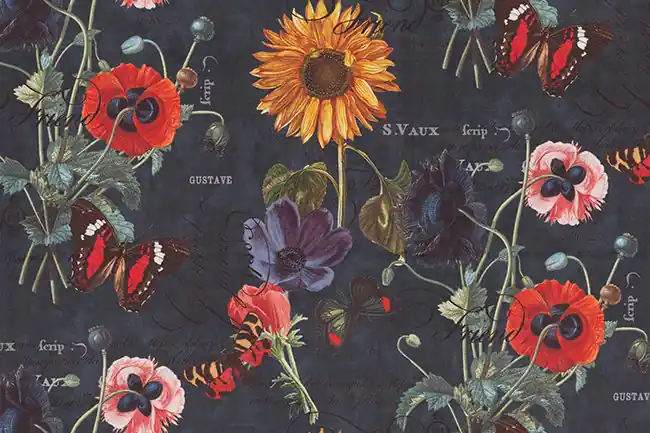 Velvet deluxe velours stof, poëtische bloemen, donkerblauw/oker/rood/lichtroze. DV111 Flitsaanbieding