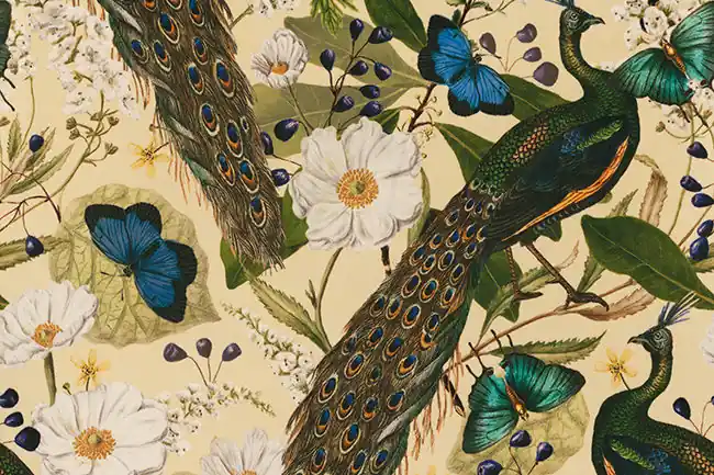 Beperkte Voorraad Velvet deluxe velours stof, pauw met vlinders, creme/groen/blauw. DV109