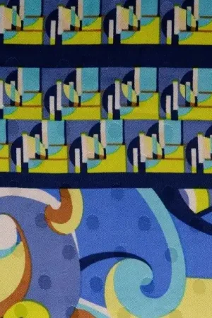 Viscose jacquard stof, stroken golf, blauw/lime. Q4871 Seizoensaanbieding