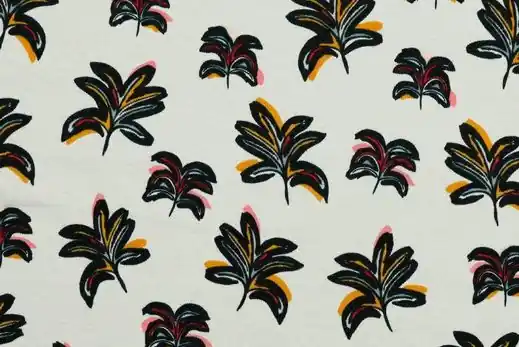 Beperkte Voorraad Joggingstof, bladeren print, lichtgrijs/zwart/geel/roze . Q4331