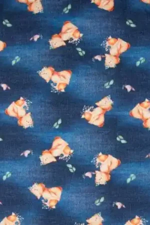Veilige Betaling Katoenen tricot stof, jeans print met vosjes en bladeren, jeansblauw/oranje. Q2917
