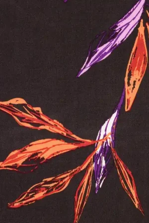 Viscose stof, blad print, donkerbruin/paars/oranje. Q2199 Laatste Kans