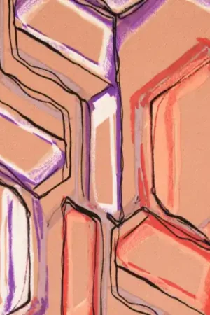 Viscose stof, hexagon print, beige/paars/rood. Q2198 Fabrieksprijs