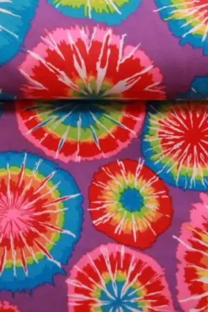 Texture stof, cirkel/bloem print, paars/multicolor. Q439 Express Levering