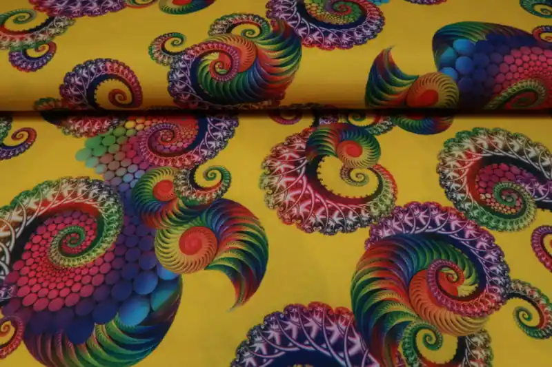 Texture stof, fantasie print, geel/ regenboog. Q386 Weekendaanbieding