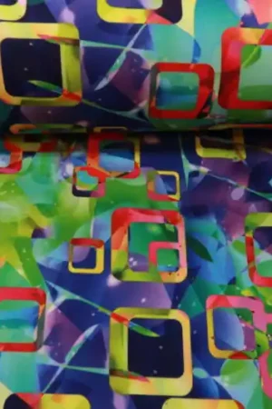 Texture stof, fantasie vierkantjes print, groen/paars/roze. Q334 Merkproduct
