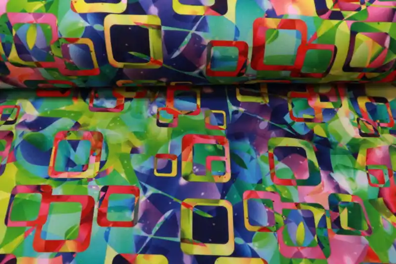 Texture stof, fantasie vierkantjes print, groen/paars/roze. Q334 Merkproduct