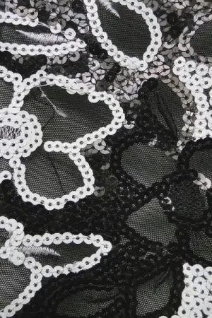 Aanbieding Tule stof kant rekbaar F13, zwart/wit pailletjes, bloem