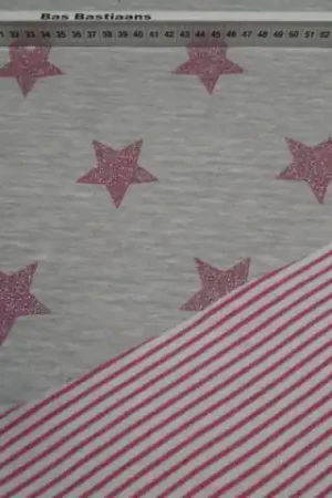 Alleen Vandaag Jersey stof, dubbeldoek, sterren/strepen, grijs/fuchsia. X582