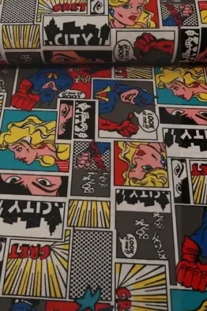 Texture stof, stipverhaal print gekleurd, zwart/wit/geel/blauw/rood. X2478 Op = Op