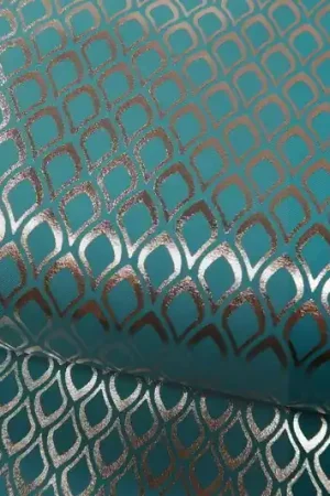 Texture stof, druppelprint zilveren foliedruk, aqua blauw. X2495 Beperkt Aanbod