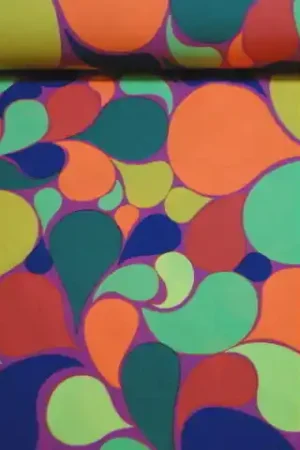 Texture stof, multicolor druppel print, fuchsia, geel, oranje, groen. X2711 Dagaanbieding
