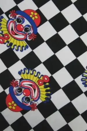 Texture stof, geblokt met clown, zwart/wit. X6301 Populair