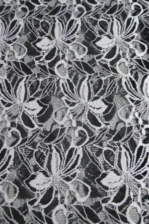 Actieprijs Mesh kant, zwart met witte bloem geborduurd, A1290