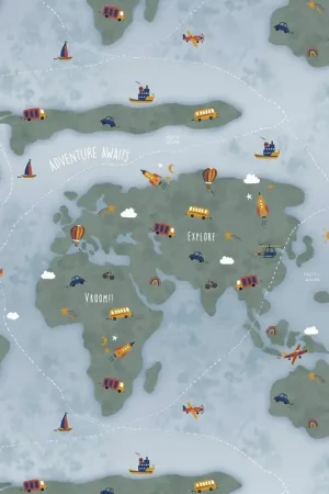 Veilige Betaling Fine poplin digitaal wereldkaart lichtblauw