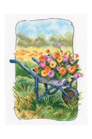 Voordeelprijs Borduurpakket Grandmother's Old Garden - Wheelbarrow with Flowers - RTO