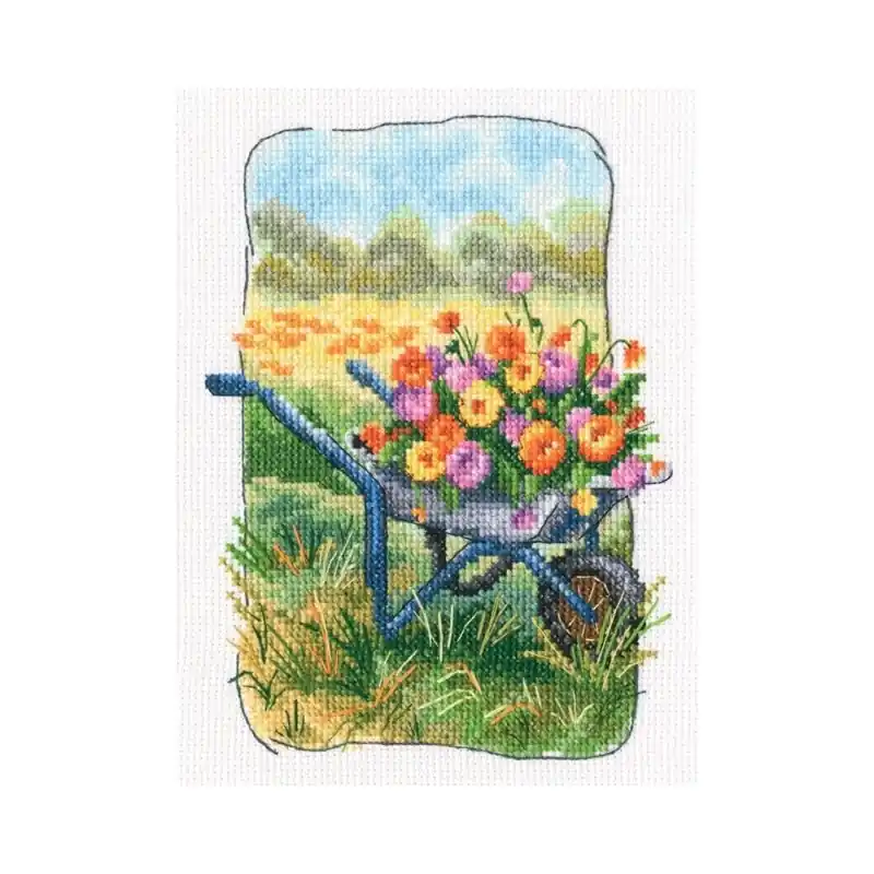 Voordeelprijs Borduurpakket Grandmother's Old Garden - Wheelbarrow with Flowers - RTO