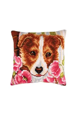 Actieprijs Kussen borduurpakket Dog and Pink Poppies - Collection d'Art