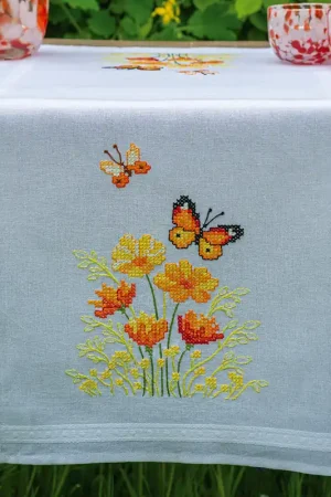 Gecertificeerd Vervaco Tafelloper Oranje bloemen en vlinders borduren (pakket) PN-0187941