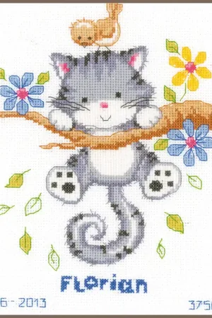 Betrouwbaar Vervaco Geboortebord Spelende kitten blauw borduren (pakket) PN-0146276