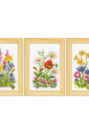 Vervaco Veldbloemen set van 3 Miniatuur kit borduren PN-0148506 Superprijs