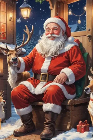 Zittende kerstman met rendieren Diamond Painting - vierkant / 30x40 Beste Prijs